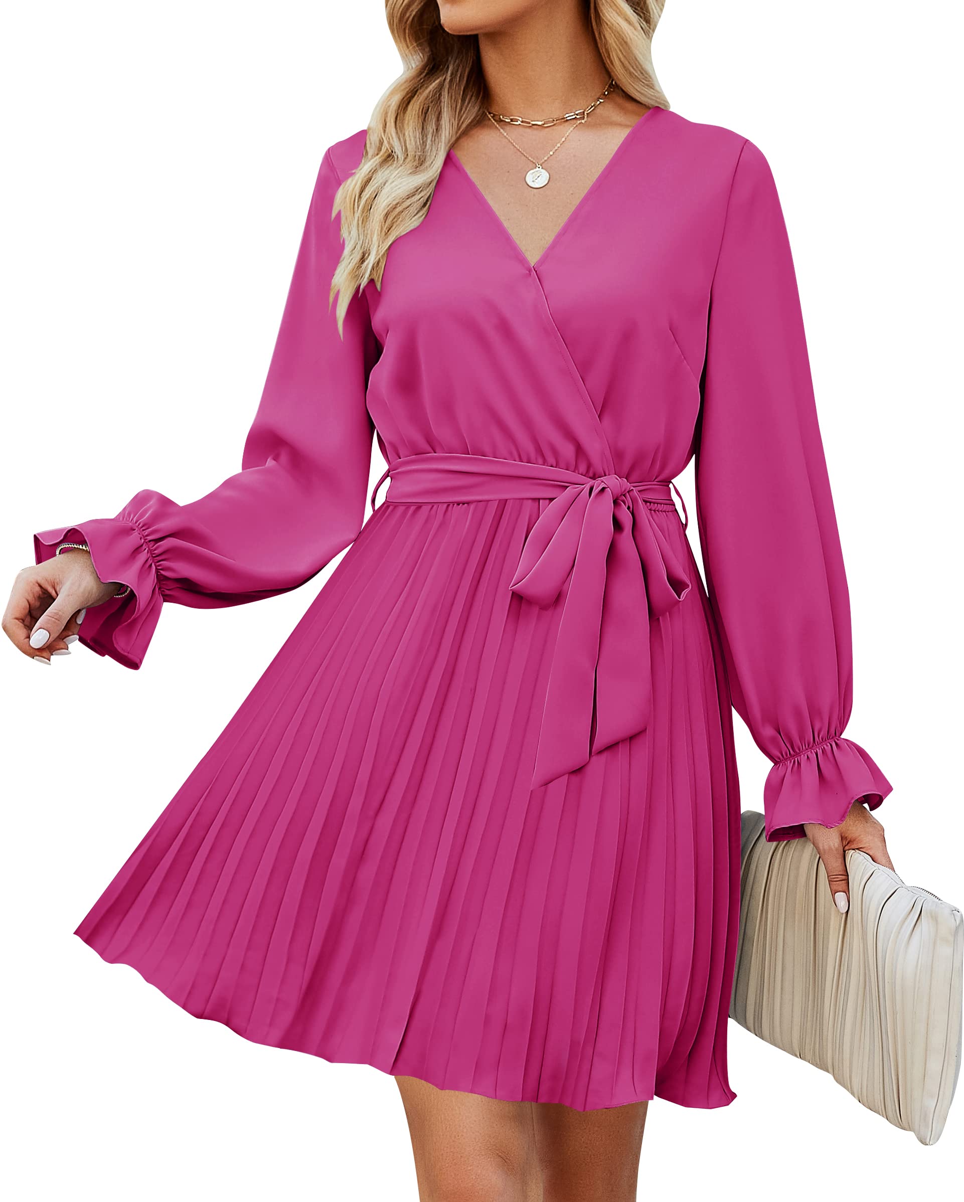 Luxuii Wrap V Neck Long Sleeve Tie Waist Pleated Mini Dress
