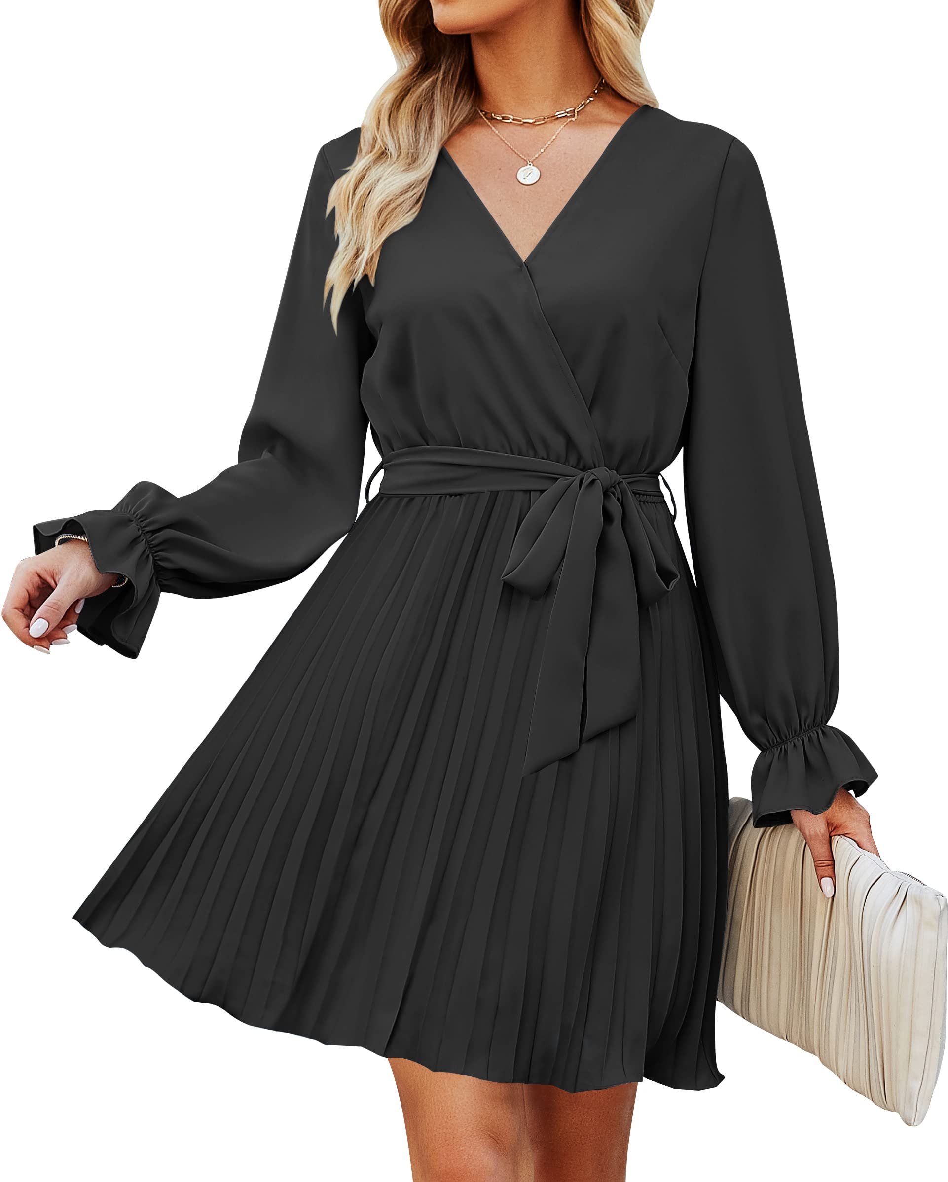 Luxuii Wrap V Neck Long Sleeve Tie Waist Pleated Mini Dress