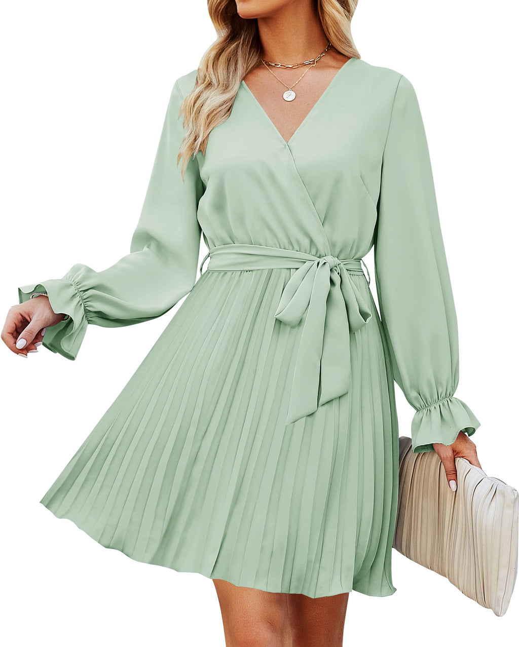 Luxuii Wrap V Neck Long Sleeve Tie Waist Pleated Mini Dress