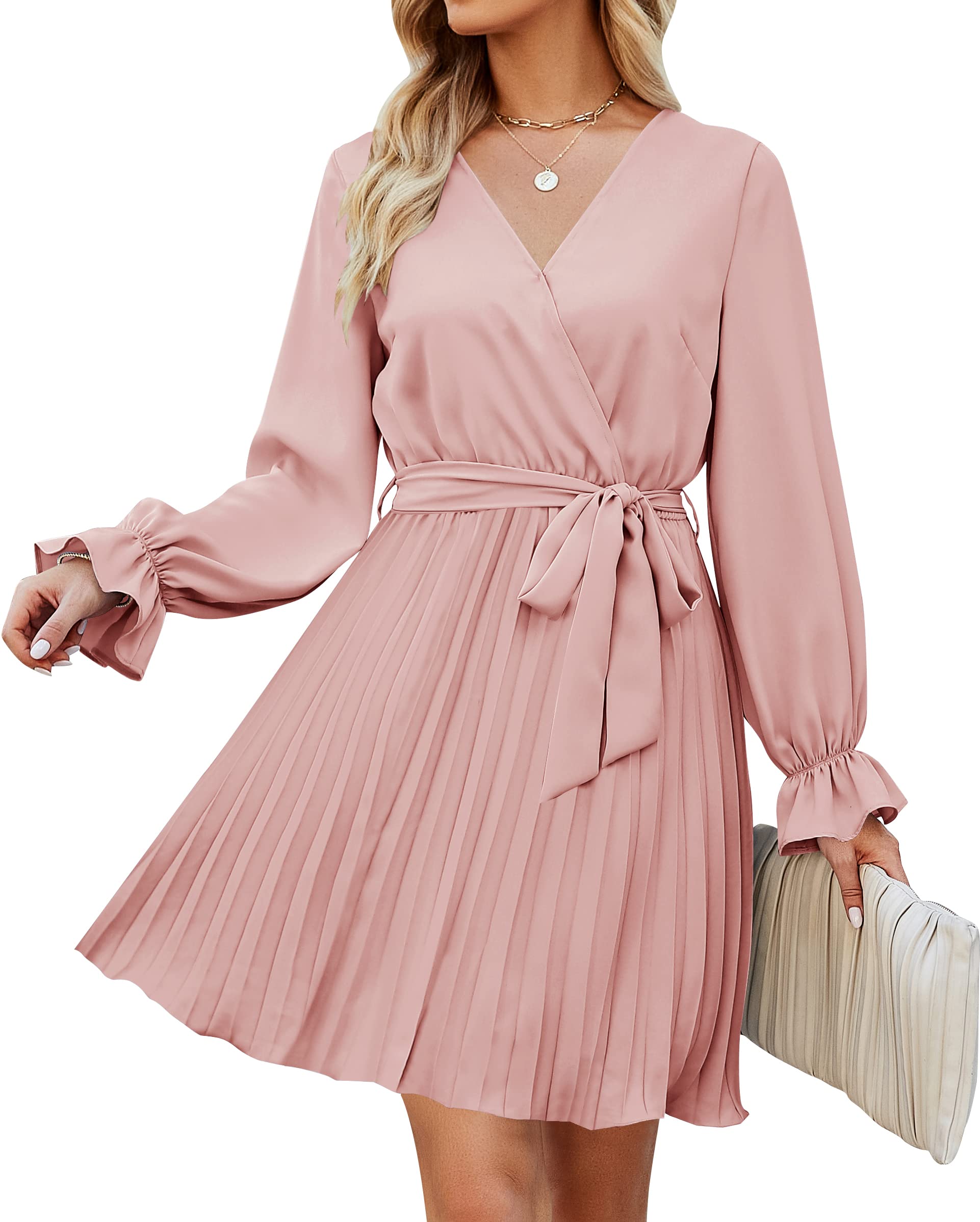 Luxuii Wrap V Neck Long Sleeve Tie Waist Pleated Mini Dress