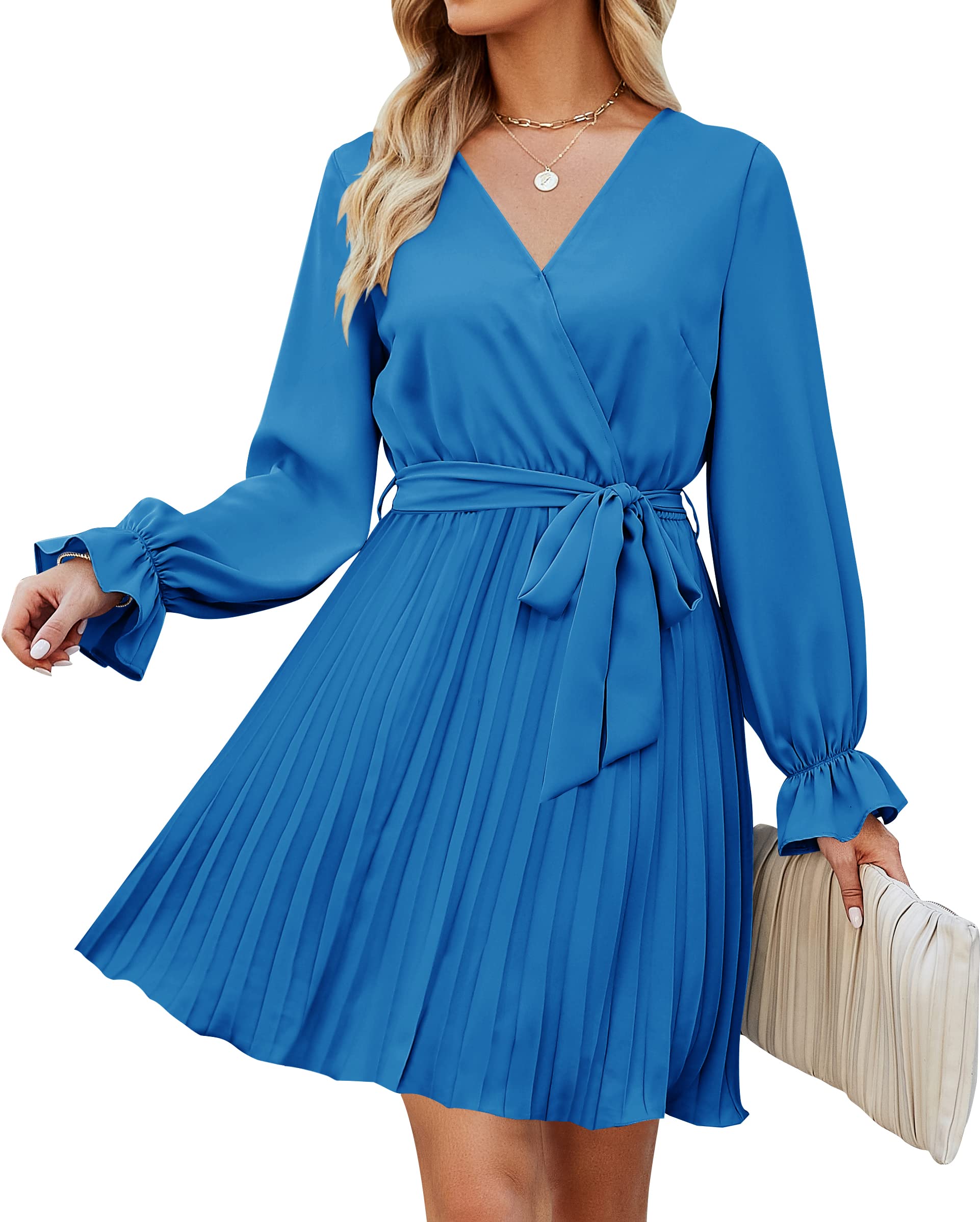Luxuii Wrap V Neck Long Sleeve Tie Waist Pleated Mini Dress