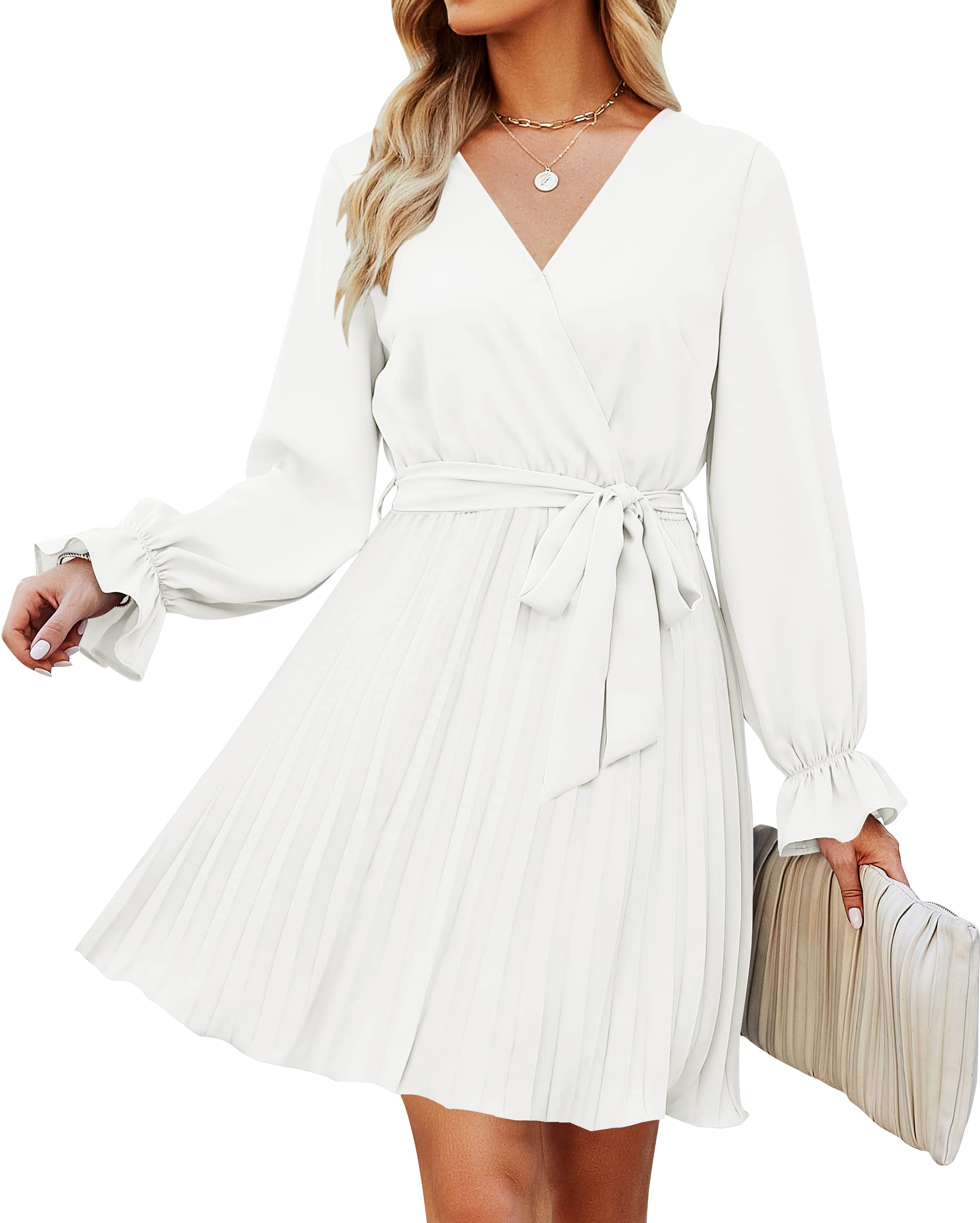 Luxuii Wrap V Neck Long Sleeve Tie Waist Pleated Mini Dress