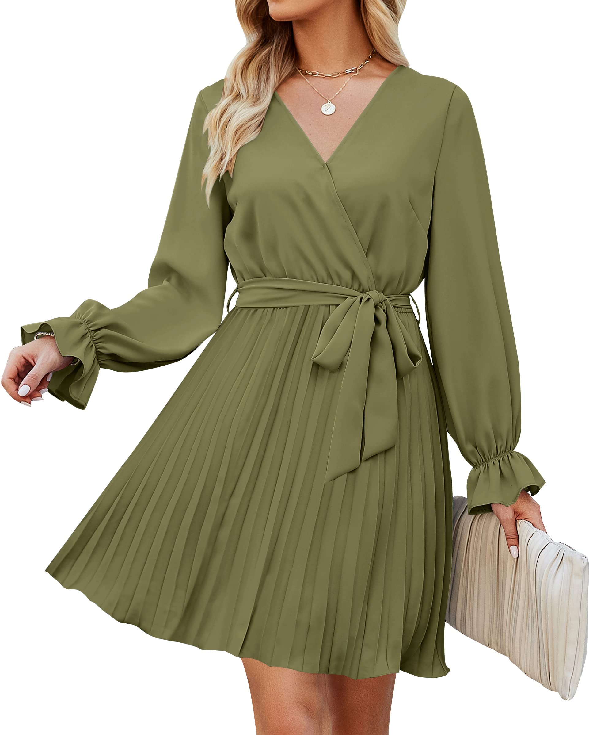 Luxuii Wrap V Neck Long Sleeve Tie Waist Pleated Mini Dress