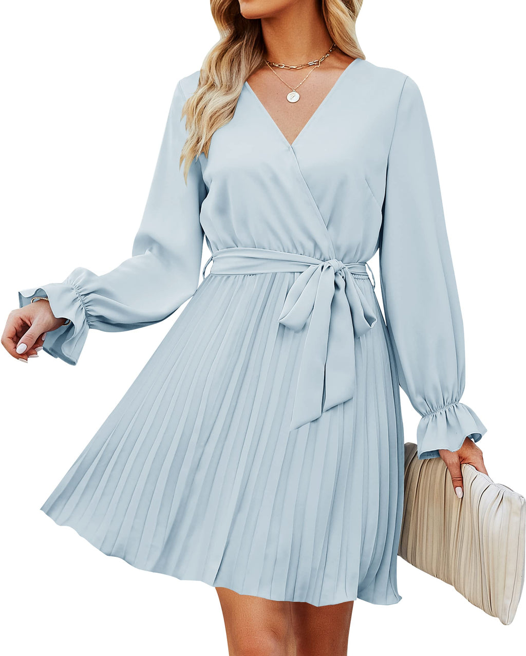Luxuii Wrap V Neck Long Sleeve Tie Waist Pleated Mini Dress