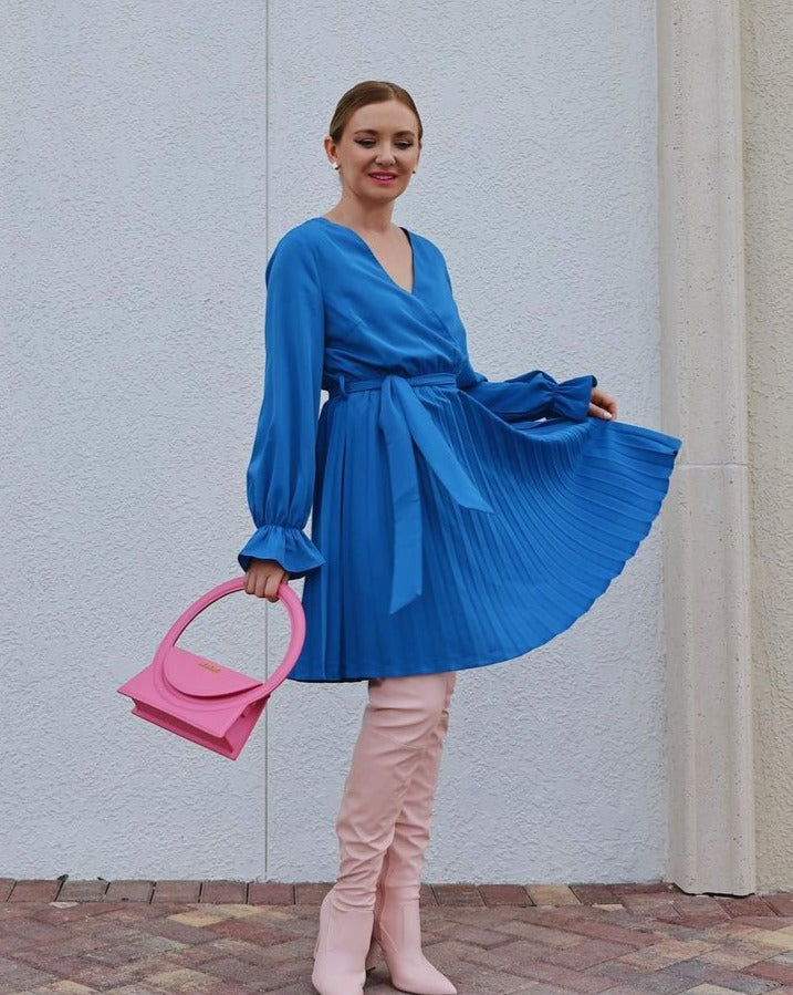 Luxuii Wrap V Neck Long Sleeve Tie Waist Pleated Mini Dress