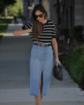 Luxuii Women's Short Sleeve Crewneck Striped Shirt Knit Slim Fit Casual Tops