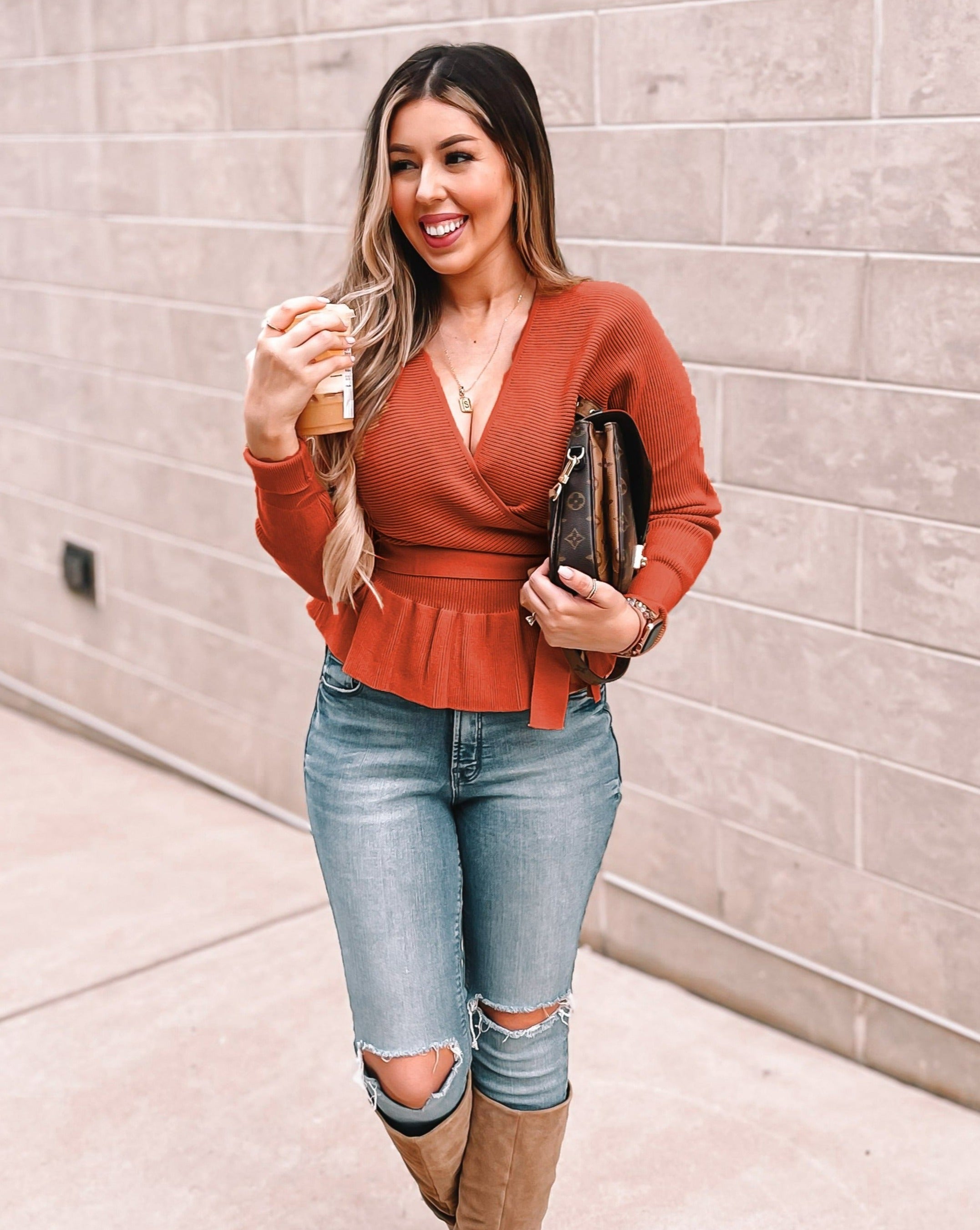Luxuii Wrap Ruffle Belted Waist Knitted Sweater Pullover
