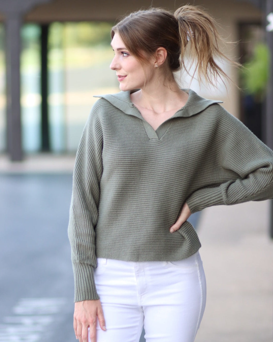 Luxuii Collar V Neck Long Sleeve Ribbed Knit Sweater