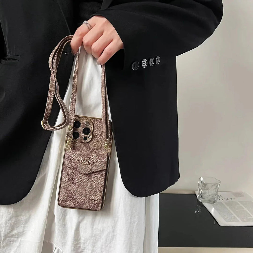 Luxury Logo Accordion Card Holder Leather Crossbody Apple iPhone Case