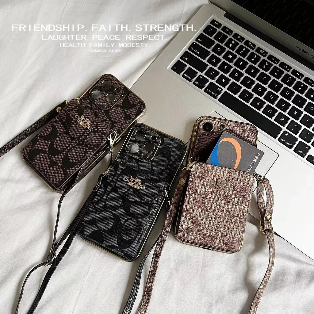Luxury Logo Accordion Card Holder Leather Crossbody Apple iPhone Case