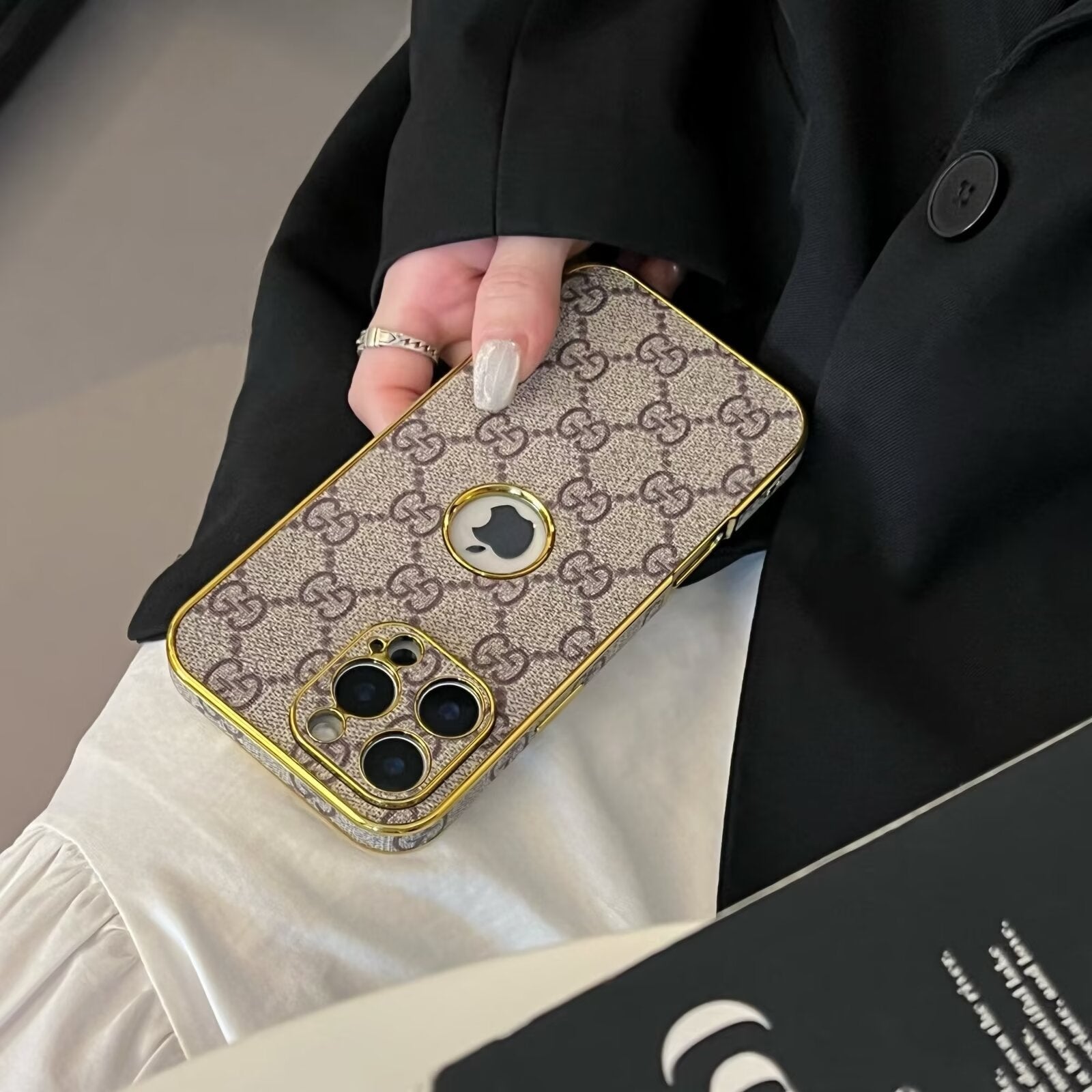 High Quality Electroplated Frame Ophidia Leather iPhone Case