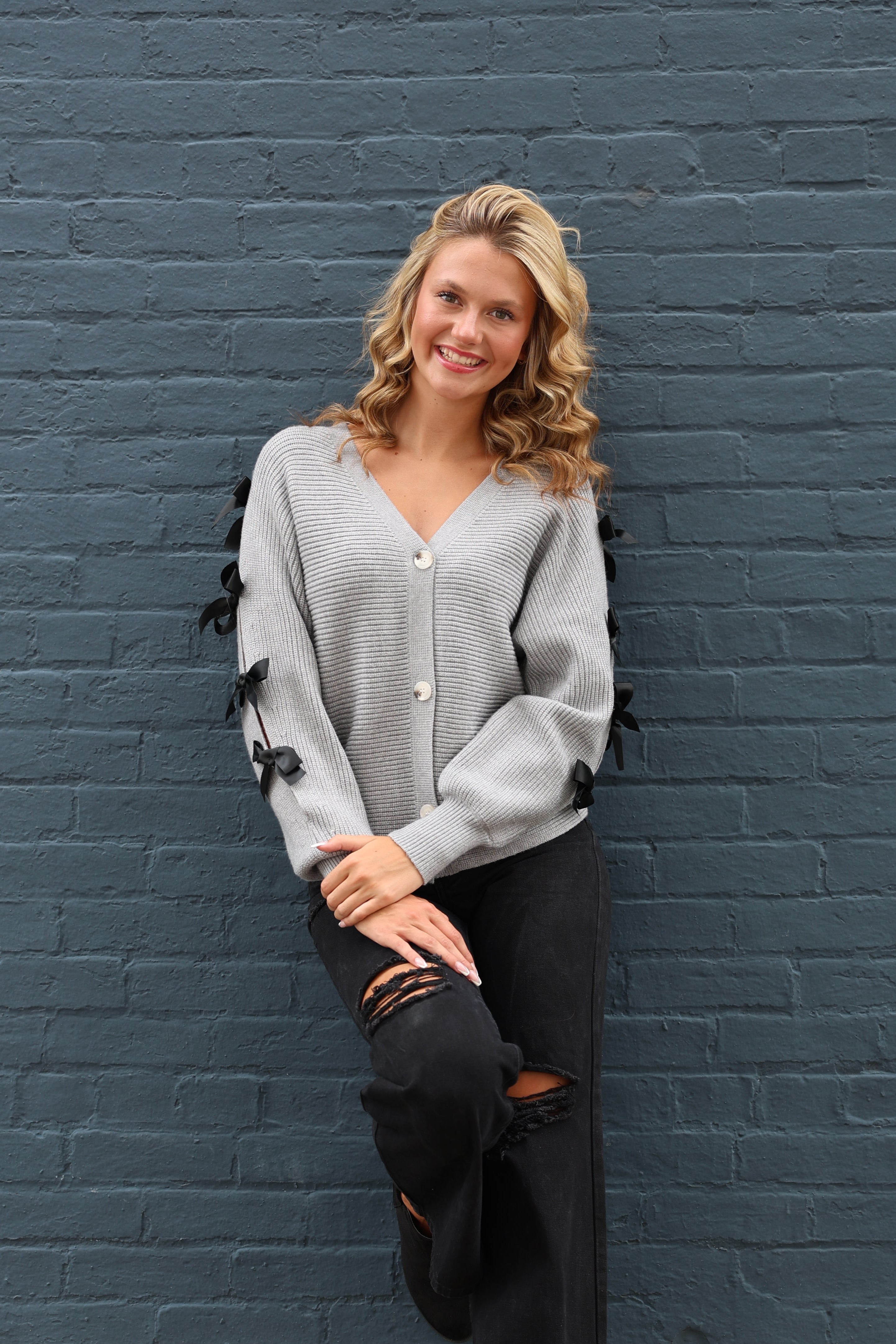 Luxuii Fall Bow Cardigans Button V Neck Knit Outerwear Coats
