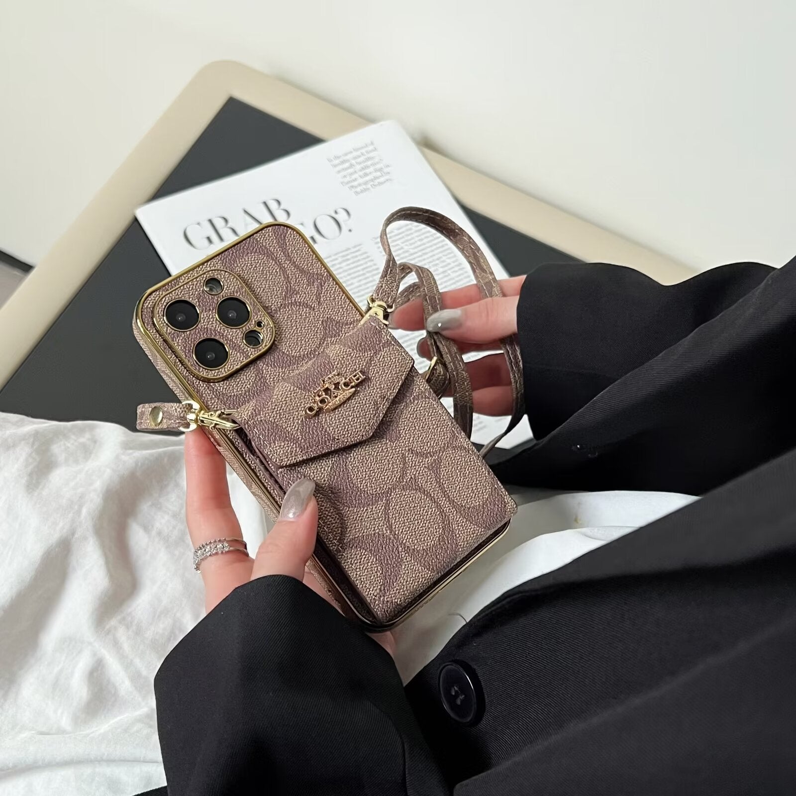 Luxury Logo Accordion Card Holder Leather Crossbody Apple iPhone Case