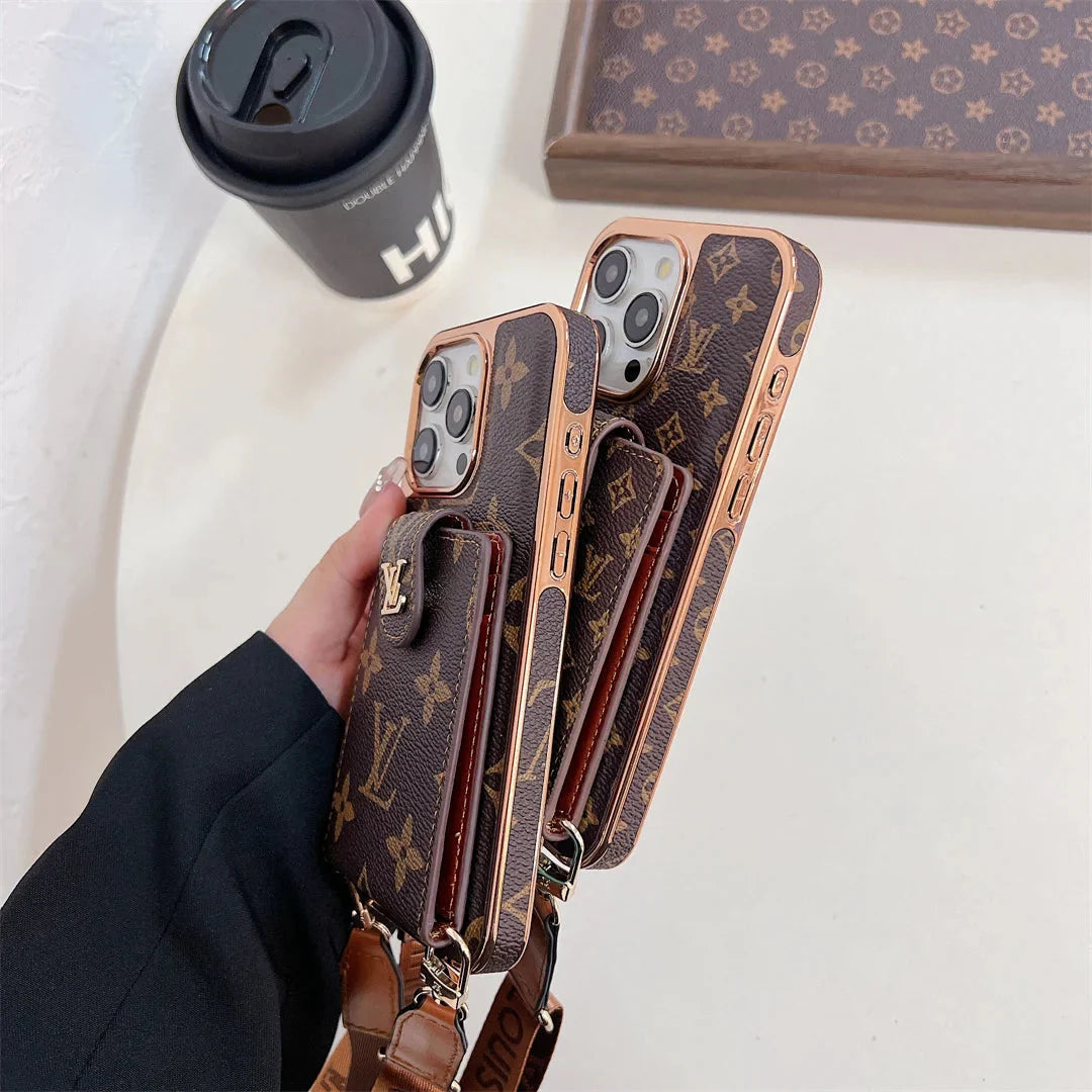 LUXURY ELECTROPLATING MONOGRAM CARD HOLDER CROSSBODY IPHONE CASE