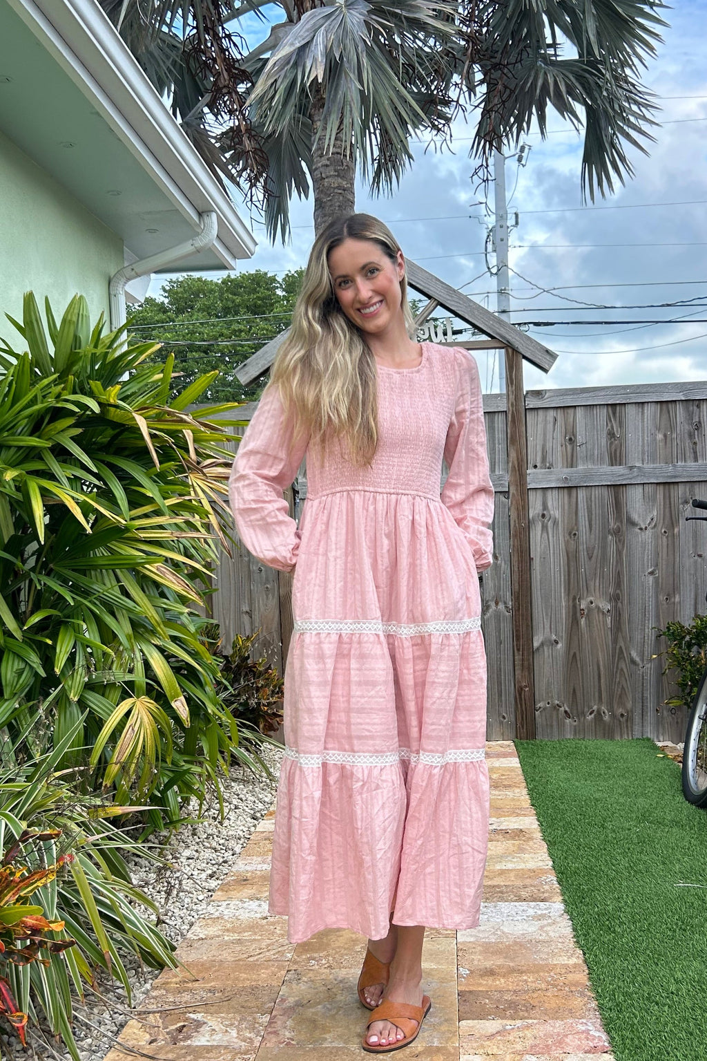 Luxuii Crewneck Smocked A Line Tiered Flowy Wedding Long Dress
