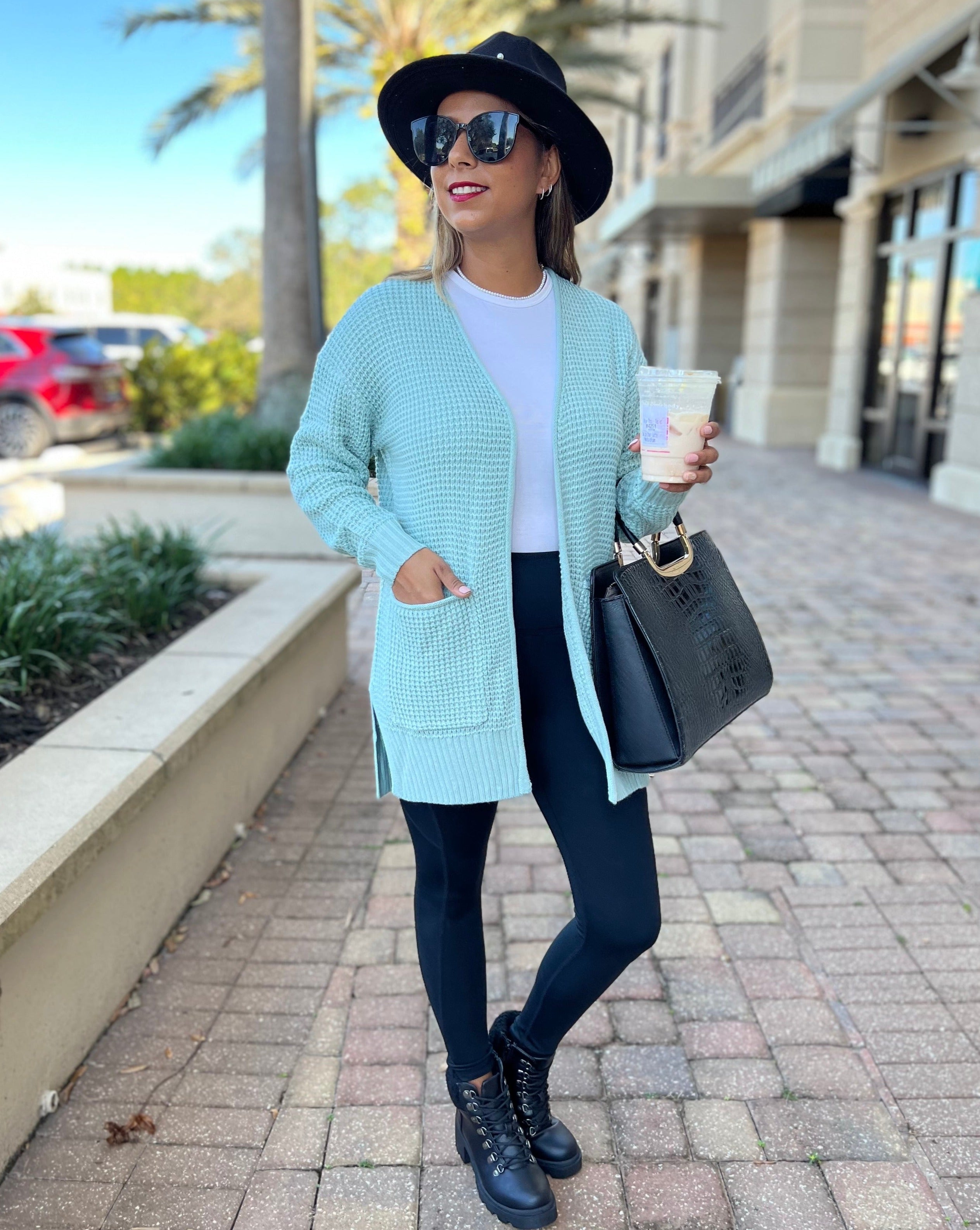 Luxuii Long Sleeve Open Front Waffle Knit Sweater Cardigan