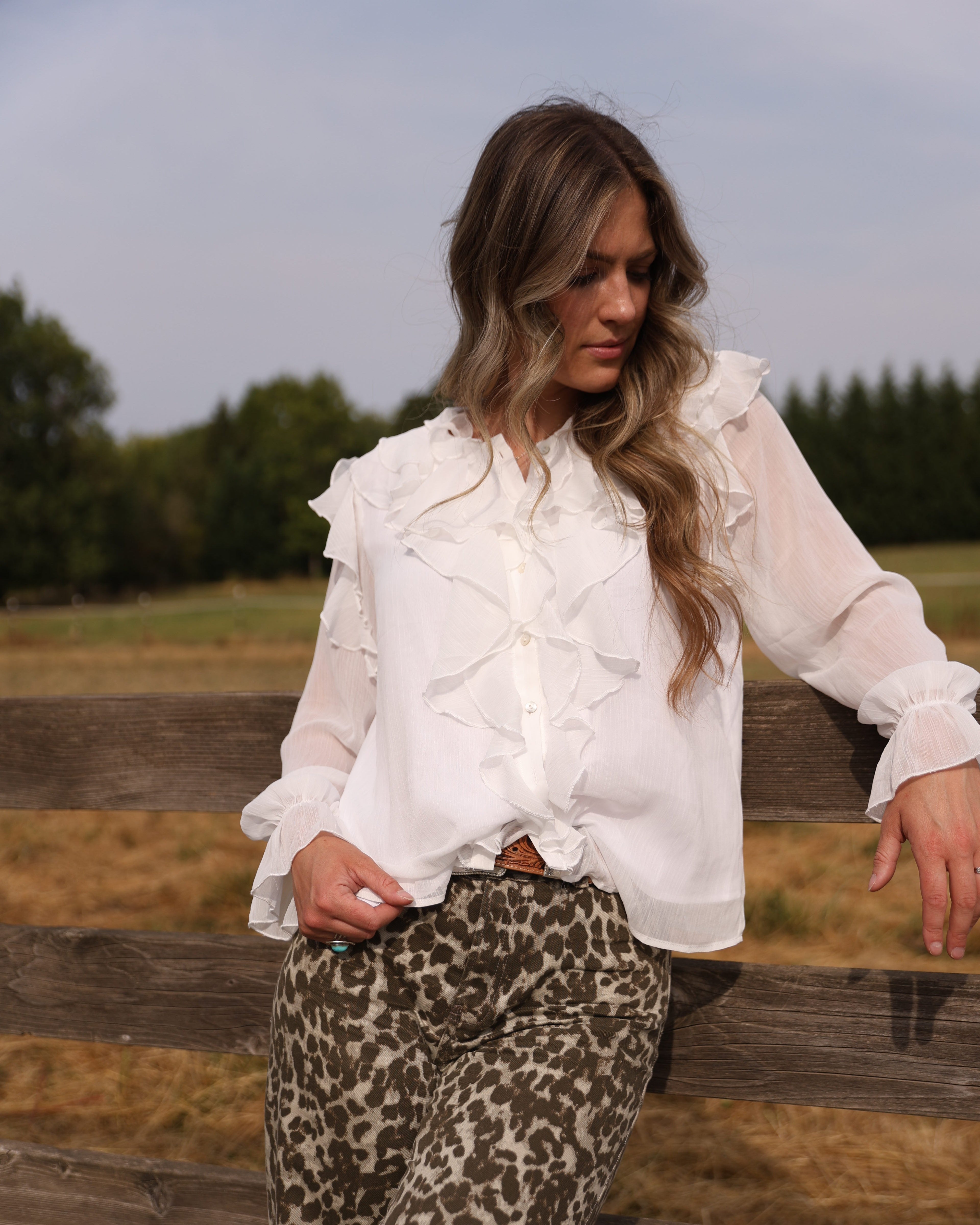 Luxuii Chiffon Dressy Button Down V Neck Ruffle Layered Shirts