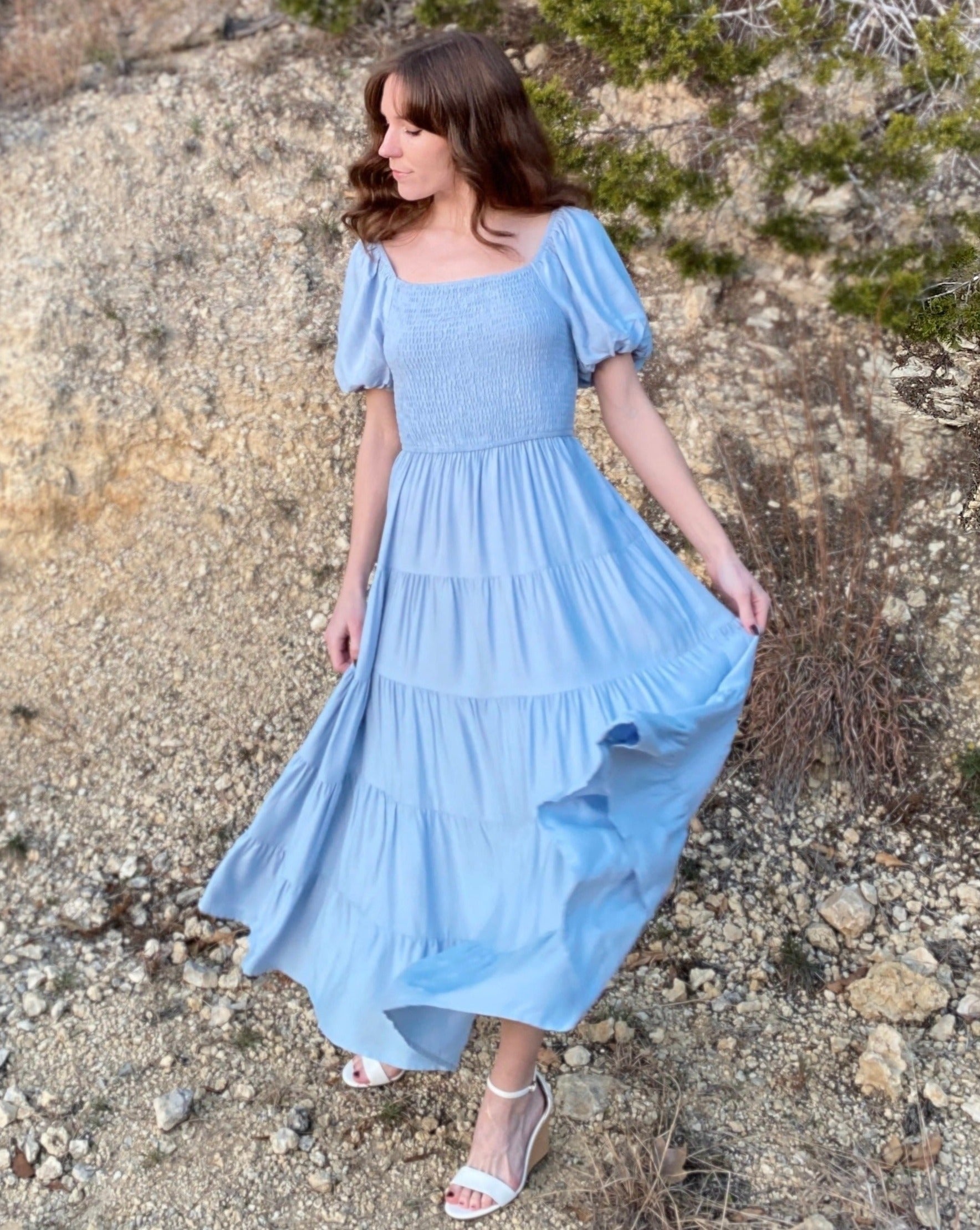 Luxuii Square Neck Smocked A Line Tiered Midi Dress