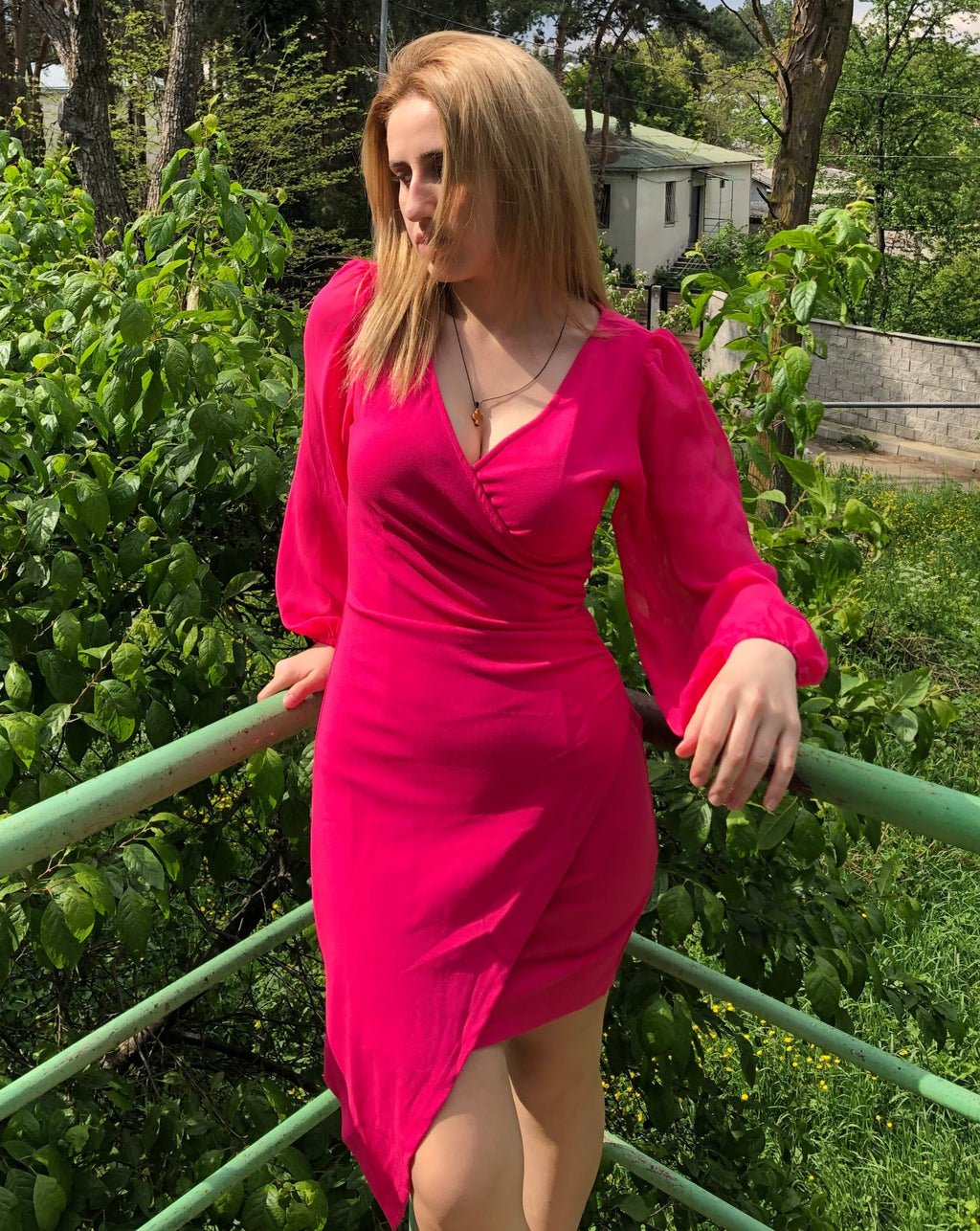Luxuii Puff Long Sleeve Wrap V Neck Ruched Mini Dress