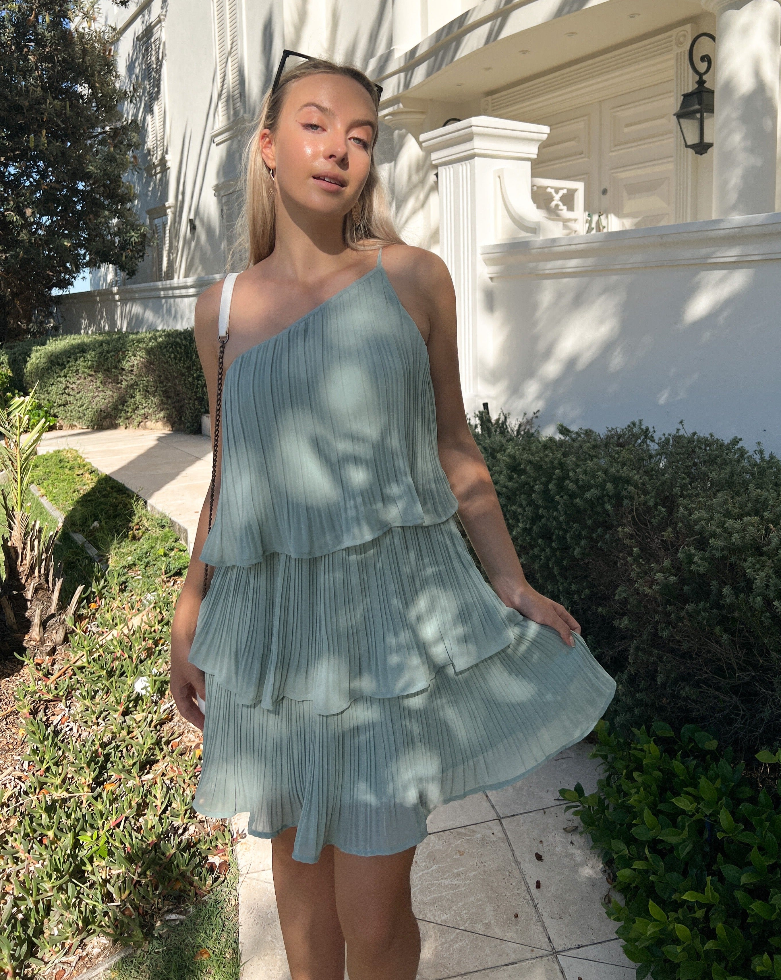 Luxuii One Shoulder Sleeveless Ruffle Pleated Chiffon Mini Dress