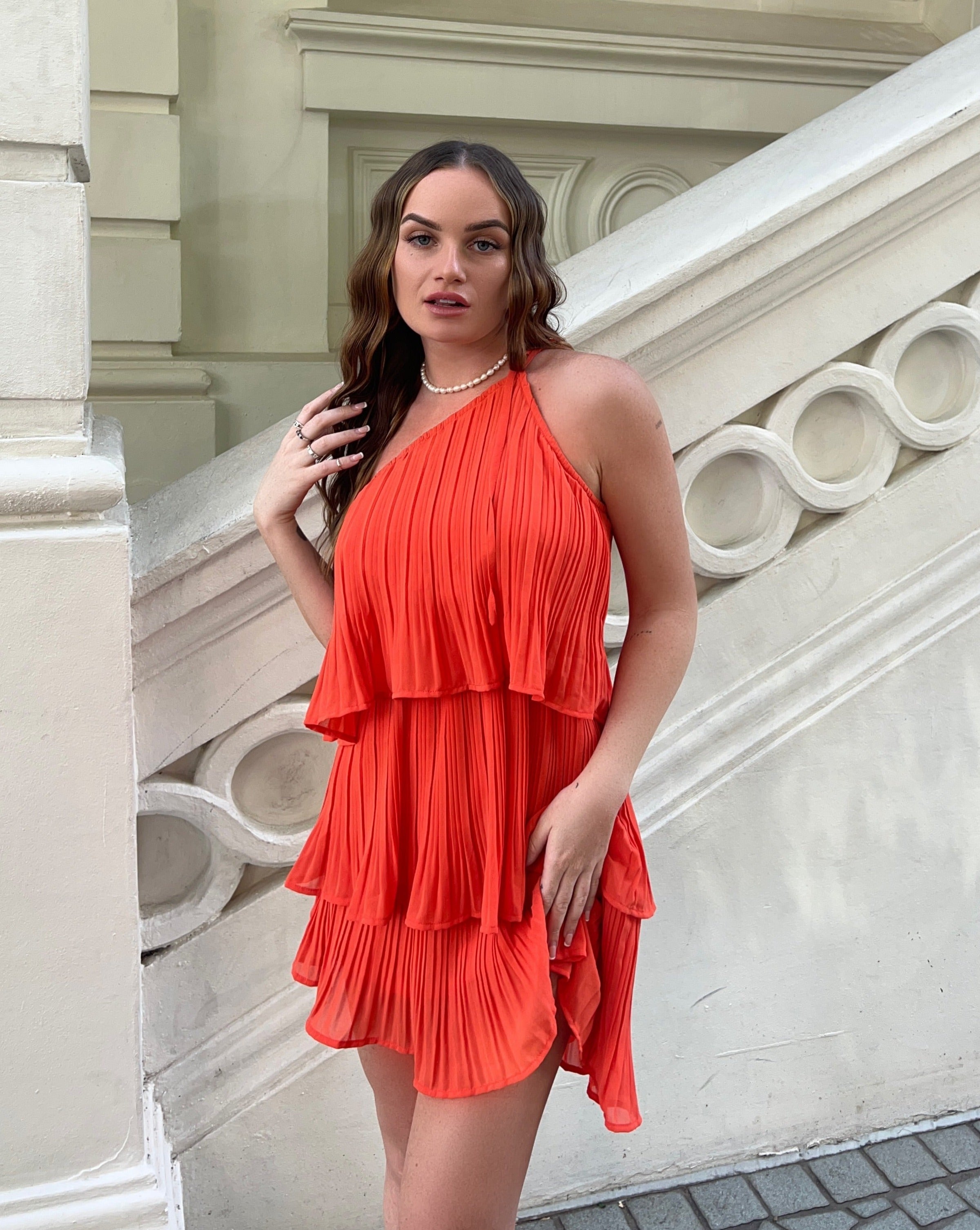 Luxuii One Shoulder Sleeveless Ruffle Pleated Chiffon Mini Dress