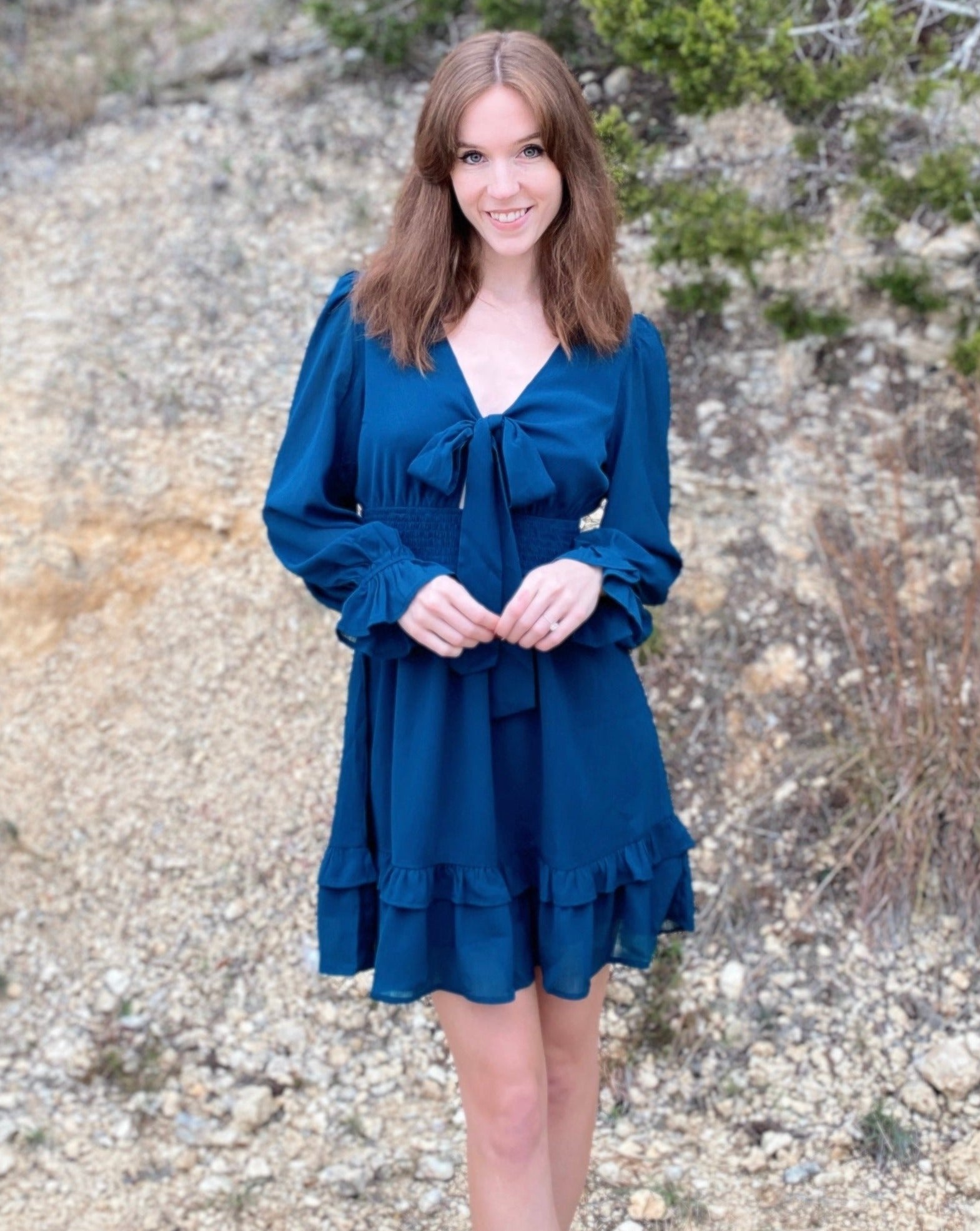 Luxuii Deep V Neck Knot Front Smocked Wiast Mini Dress