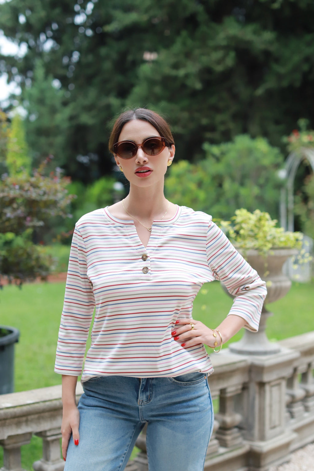 Luxuii Boho Striped Henley Shirts 3/4 Sleeve Tops Casual Blouses