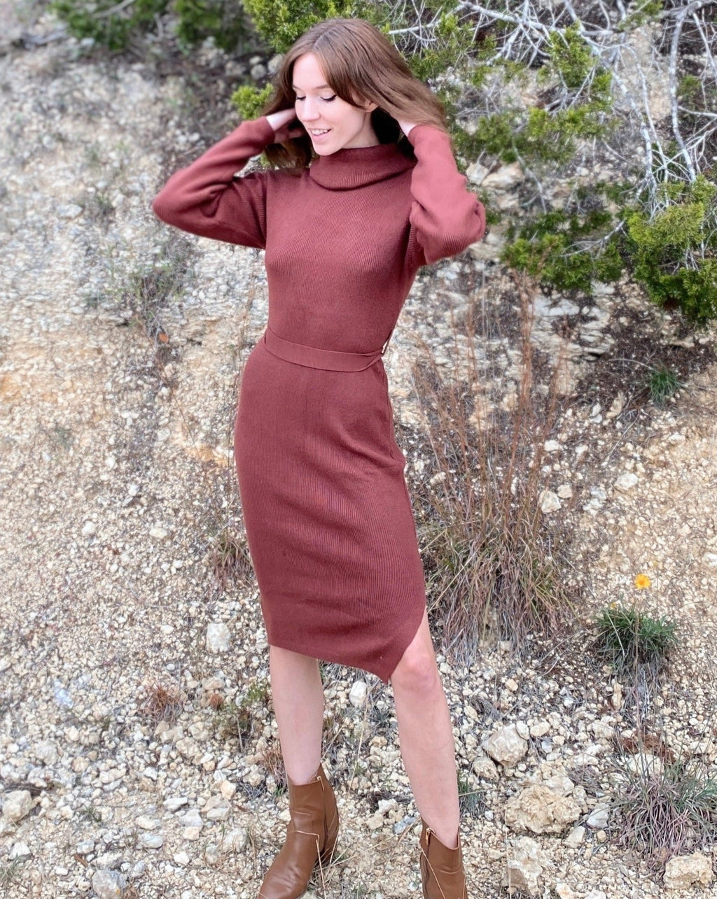 Luxuii Long Sleeve Turtleneck Sweater Slit Midi Dress