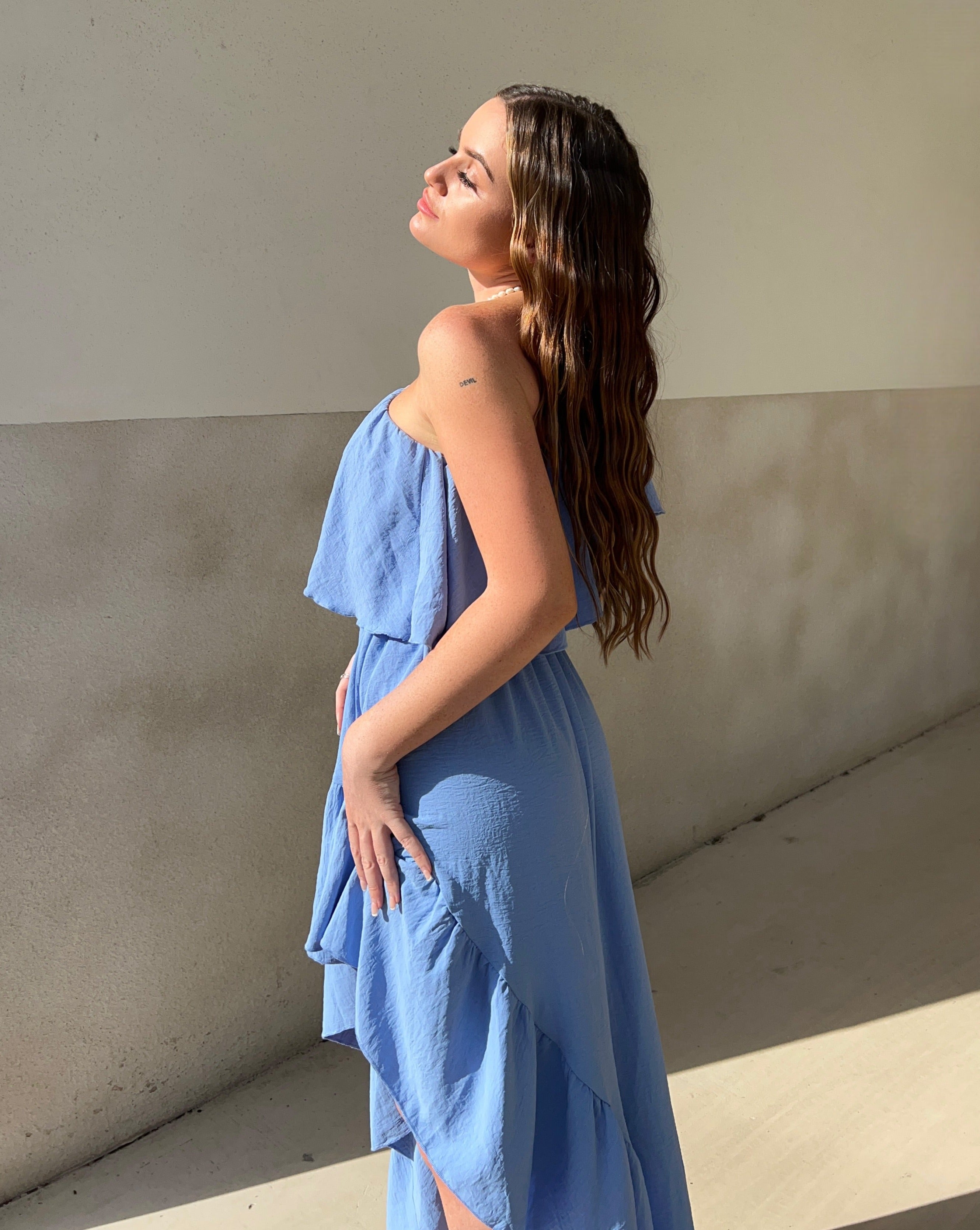 Luxuii One Shoulder Sleeveless Ruffle Asymmetrical High Low Dress