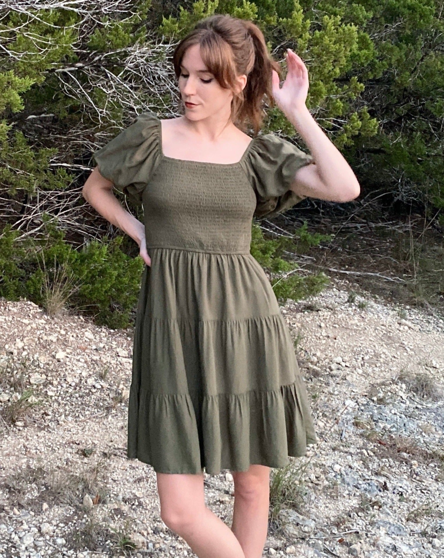 Luxuii Off Shoulder Square Neck Puff Sleeve Smocked ini Dress
