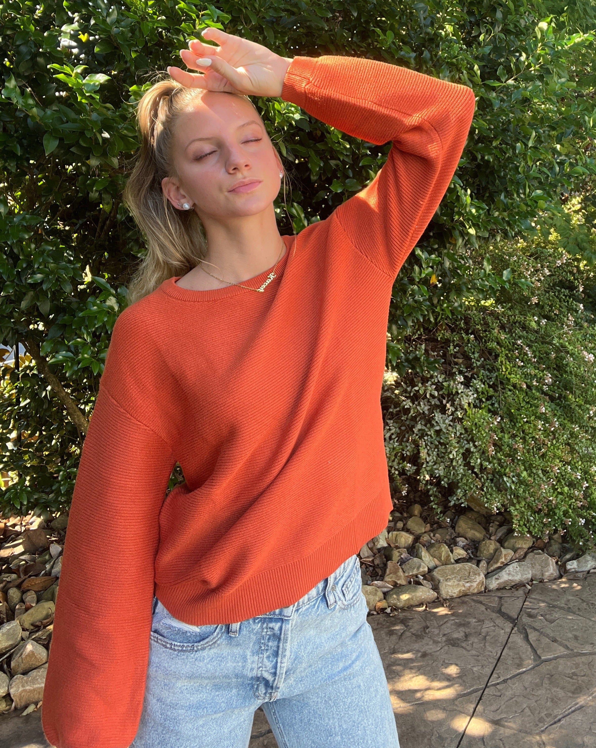 Luxuii Crew Neck Lantern Sleeve Ribbed Knit Sweater