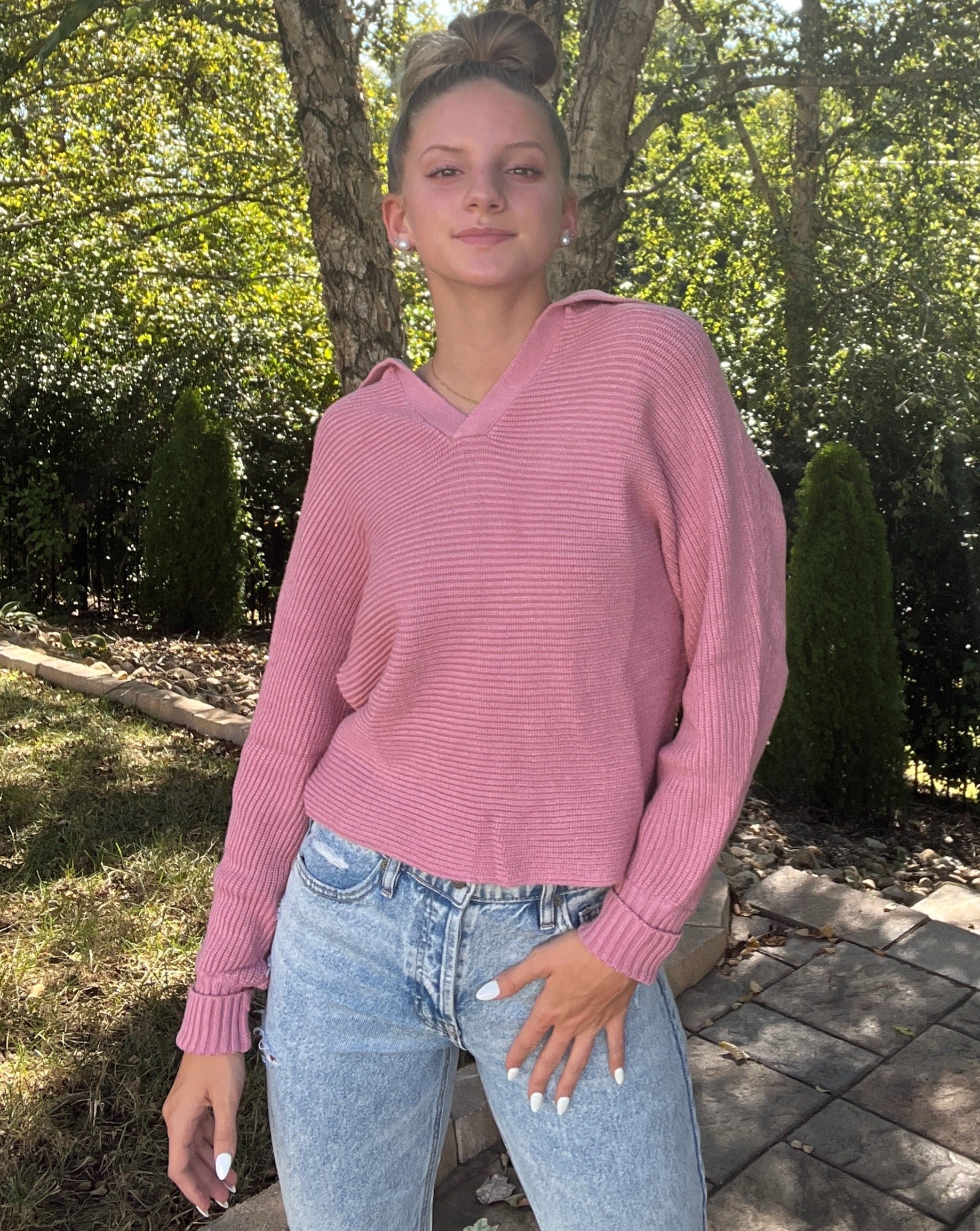 Luxuii Collar V Neck Long Sleeve Ribbed Knit Sweater