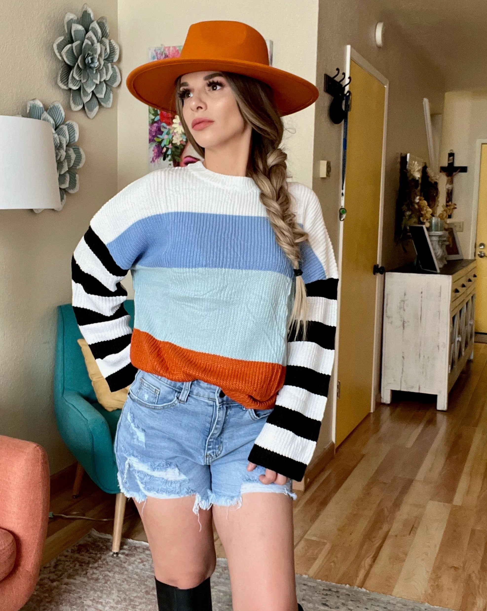 Luxuii Long Sleeve Crew Neck Striped Color Block Loose Sweater