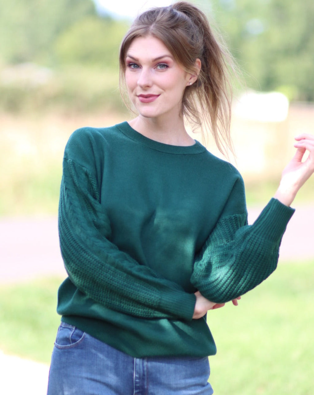 Luxuii Long Sleeve Crew Neck Cable Knit Sweater