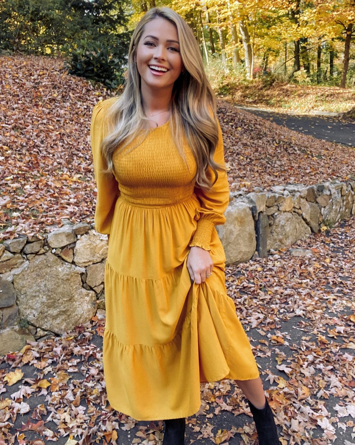 Luxuii High Waist Smocked Flowy Tiered Midi Dress