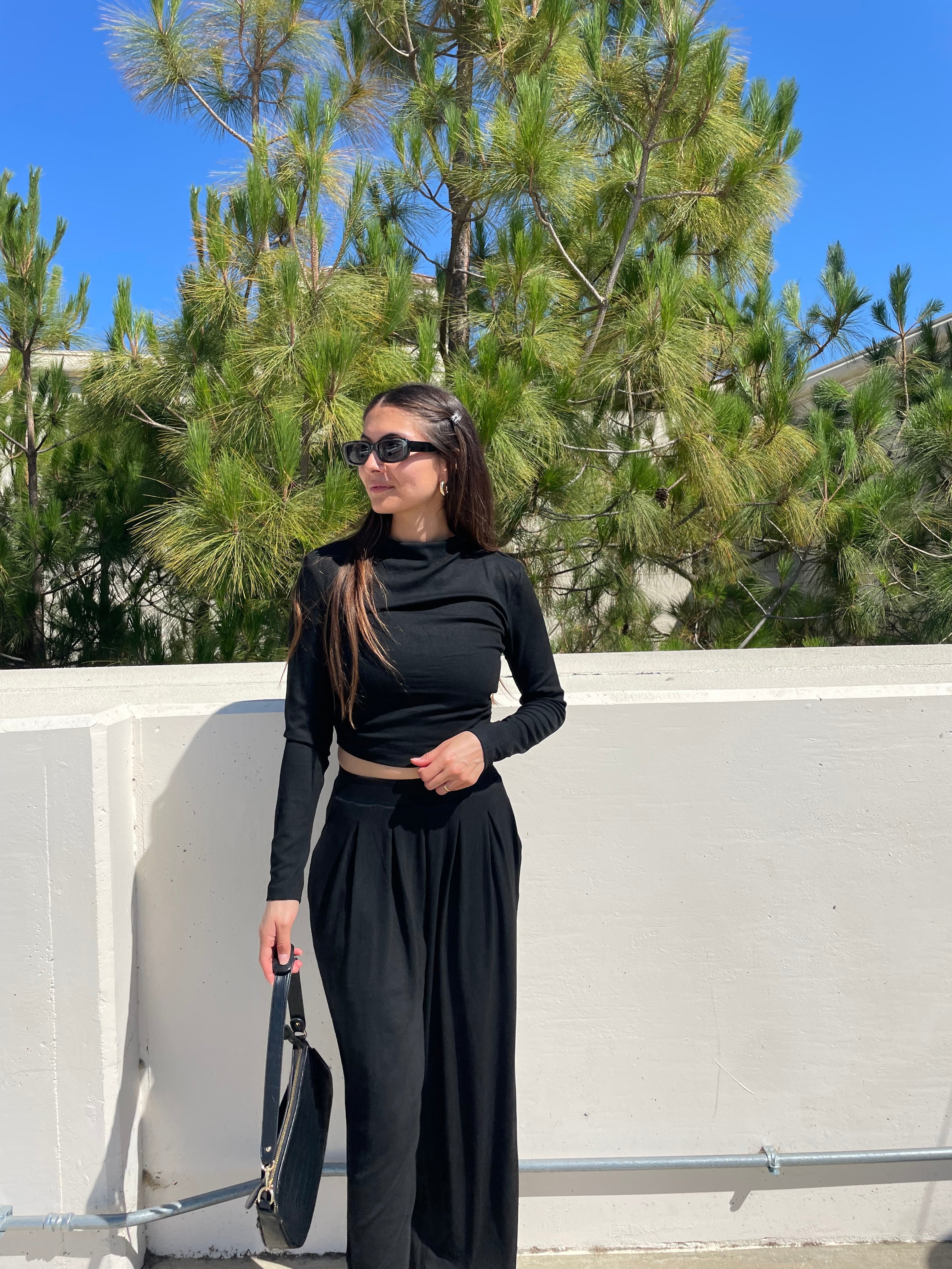 Luxuii Ruched Fitted Crop Top Wide Leg Pants Knit Lounge Sets