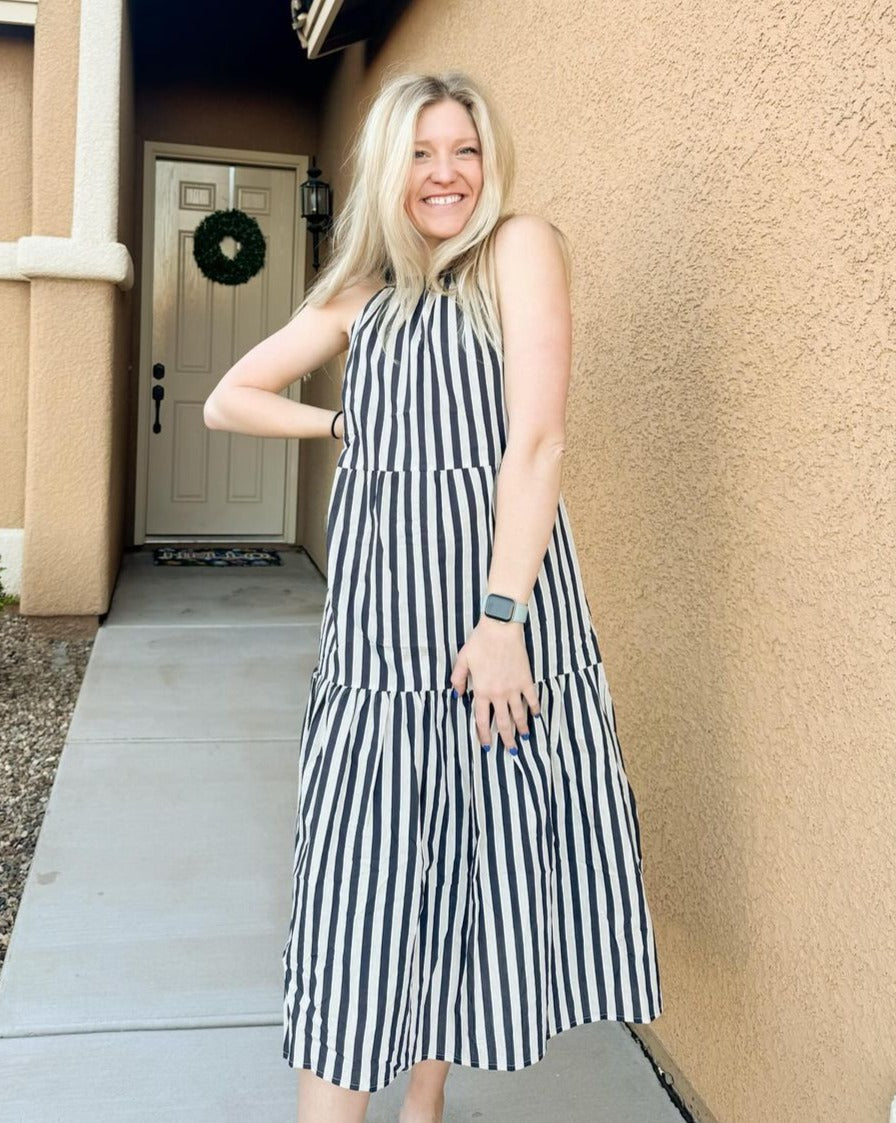 Luxuii Halter Boho Striped Sleeveless Tiered Flowy Maxi Dress