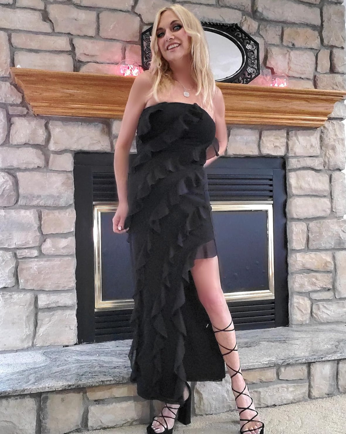 Luxuii Off Shoulder Mesh Tassel Ruffle Side Split Tube Maxi Dress