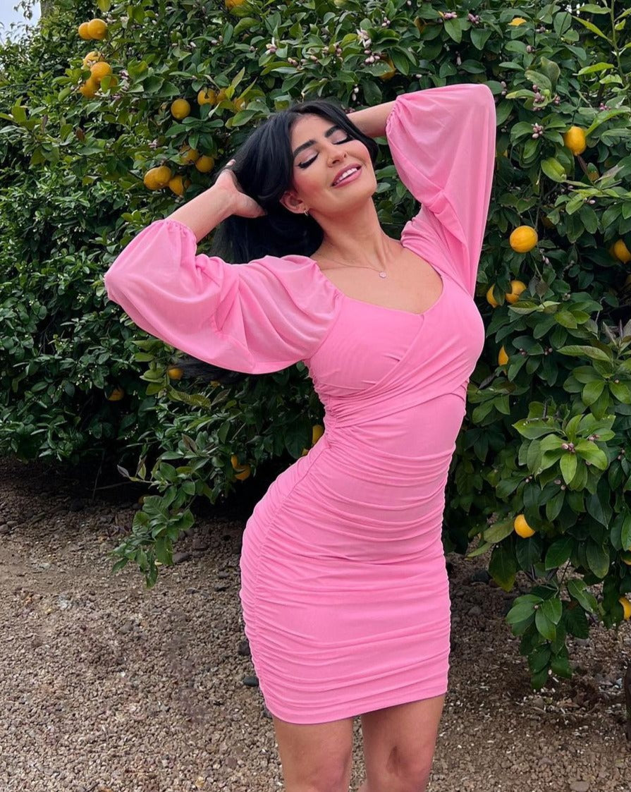 Luxuii Puff Long Sleeve Sexy V Neck Ruched Bodycon Mini Dress