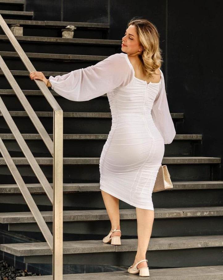 Luxuii Long Puff Sleeve Square Neck Sexy Bodycon Midi Dress