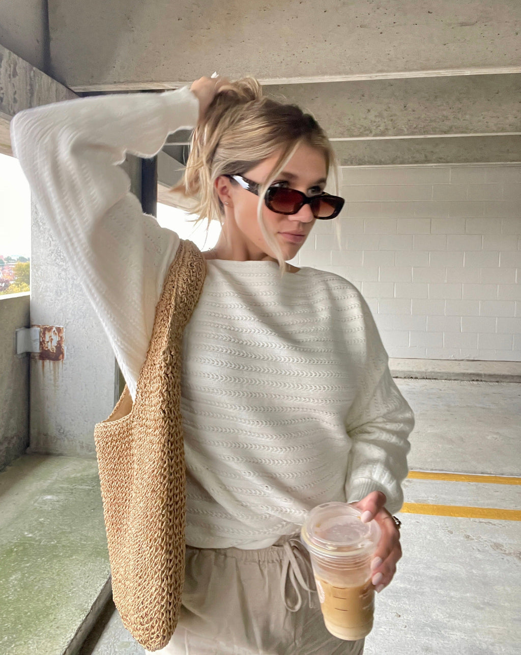 Luxuii Long Sleeve Crew Neck Cable Knit Loose Pullover Sweater