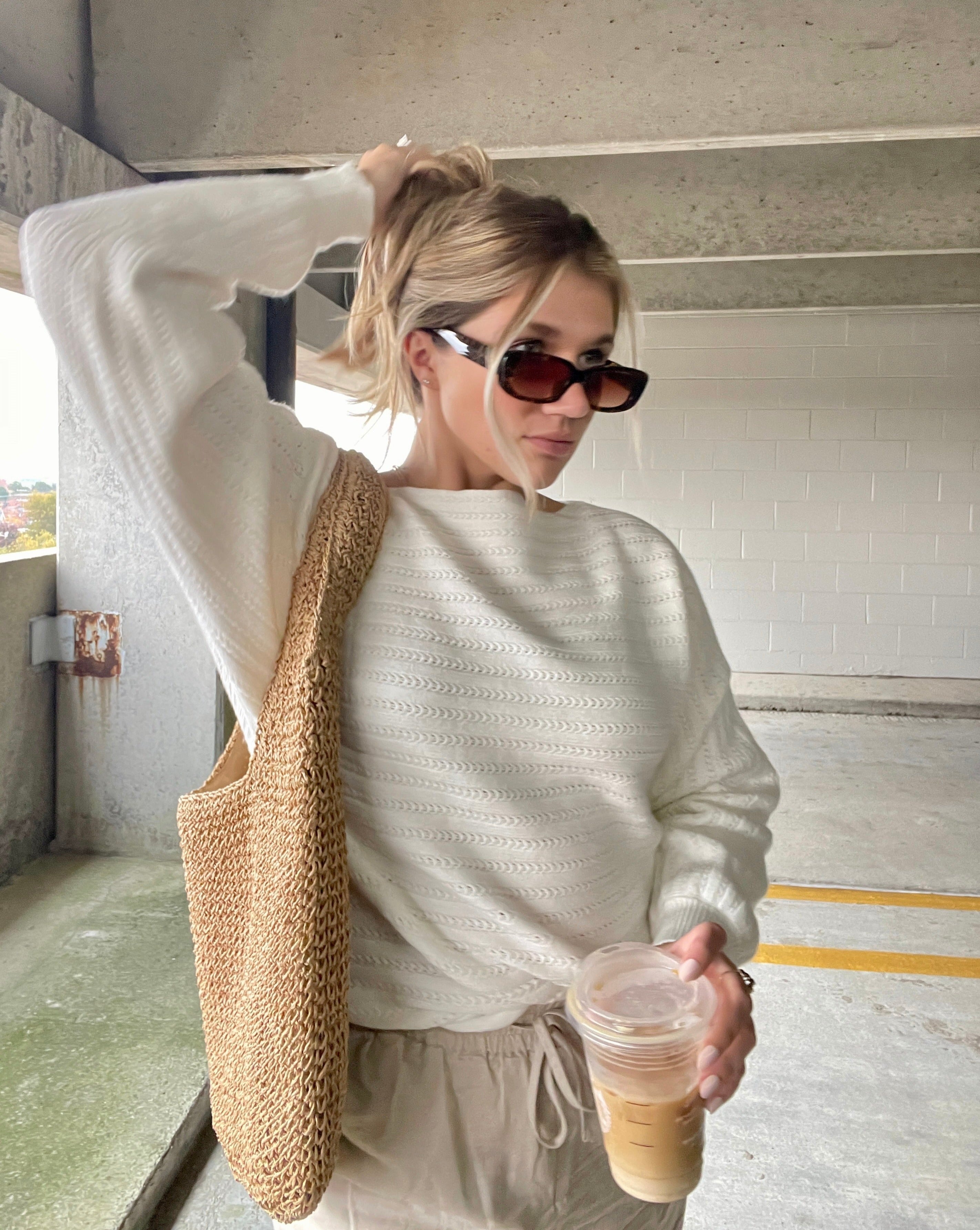 Luxuii Long Sleeve Crew Neck Cable Knit Loose Pullover Sweater